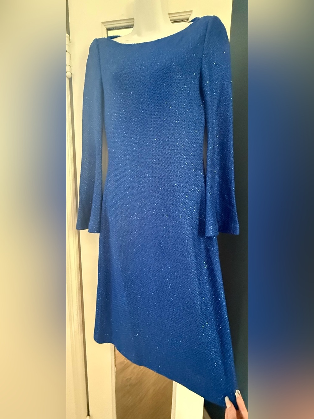 NWOT St John Metallic Royal Blue Knit Bell Sleeve Midi Dress Vintage Sz 0
